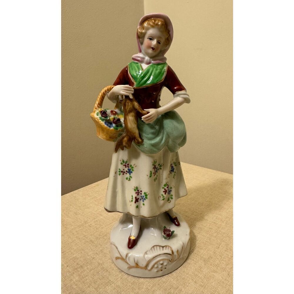 Porcelain Victorian Woman Lady Basket of Flowers, Rabbit Vintage Occupied Japan